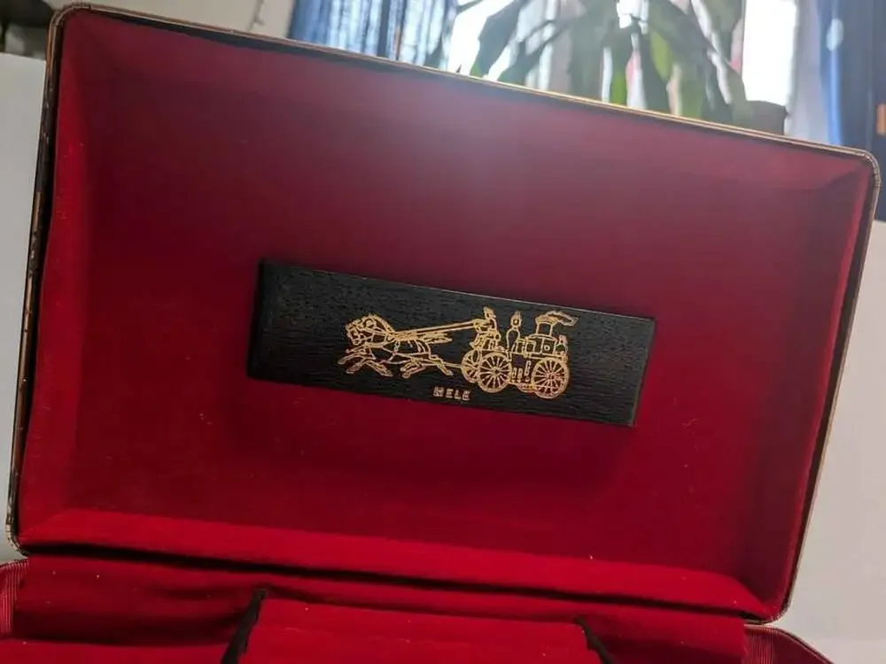 Vintage Mid-Century Mele Jewelry Box Black Faux Leather Red Velvet Horse Carriag